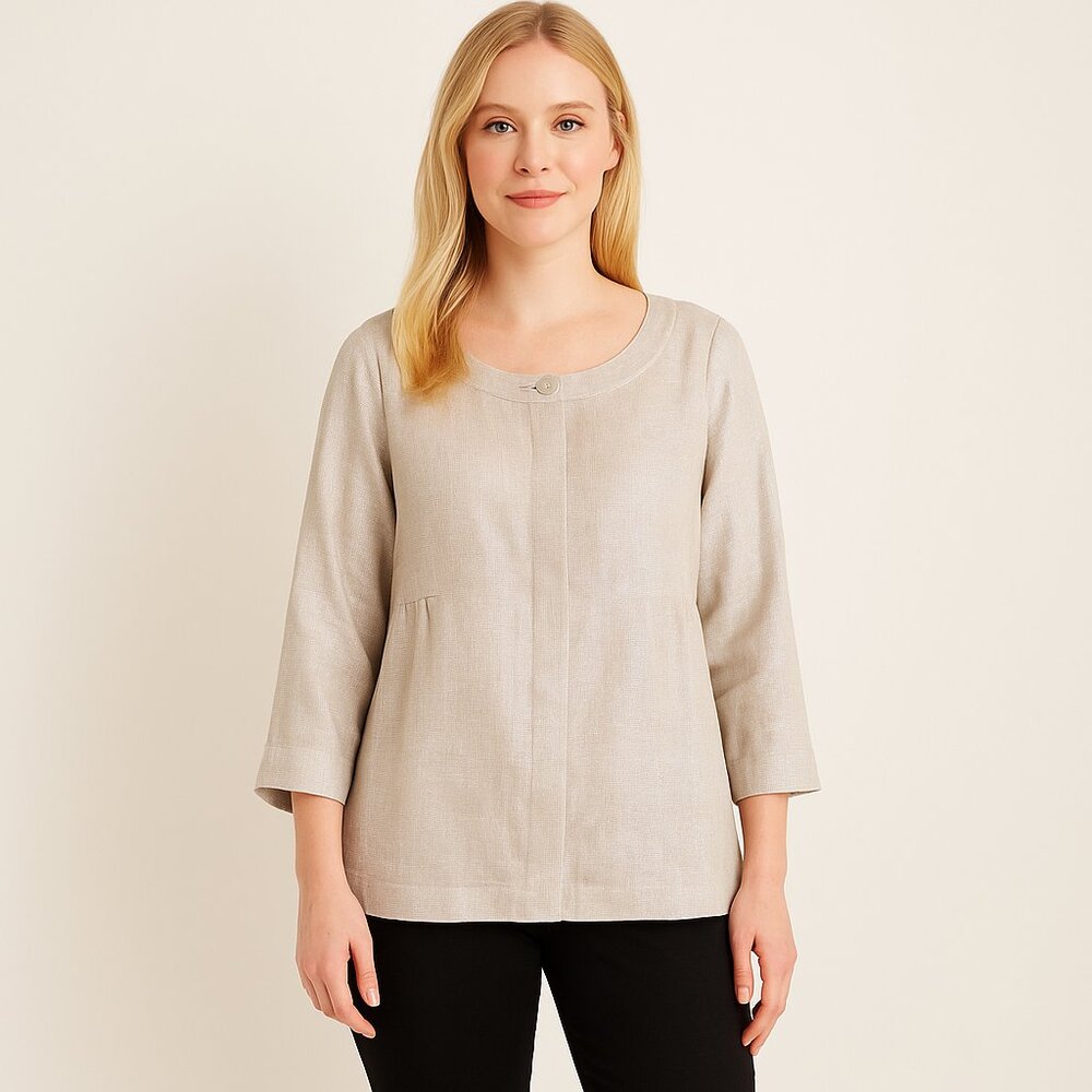 J. Jill Beige Linen & Silver Metallic Shimmer 3/4 Sleeve Top Tunic Shimmer L